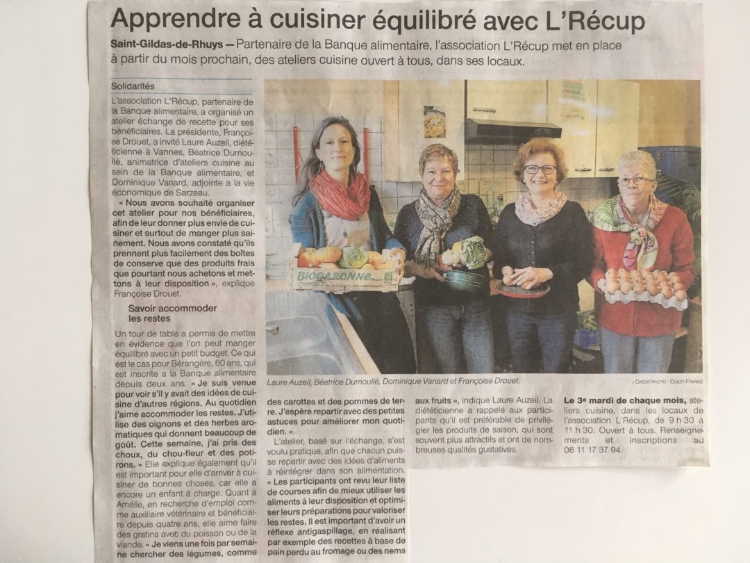 Article Ouest France sur l'atelier 'manger équilibré avec un petit budget' réalisé avec L'Récup à St Gildas.