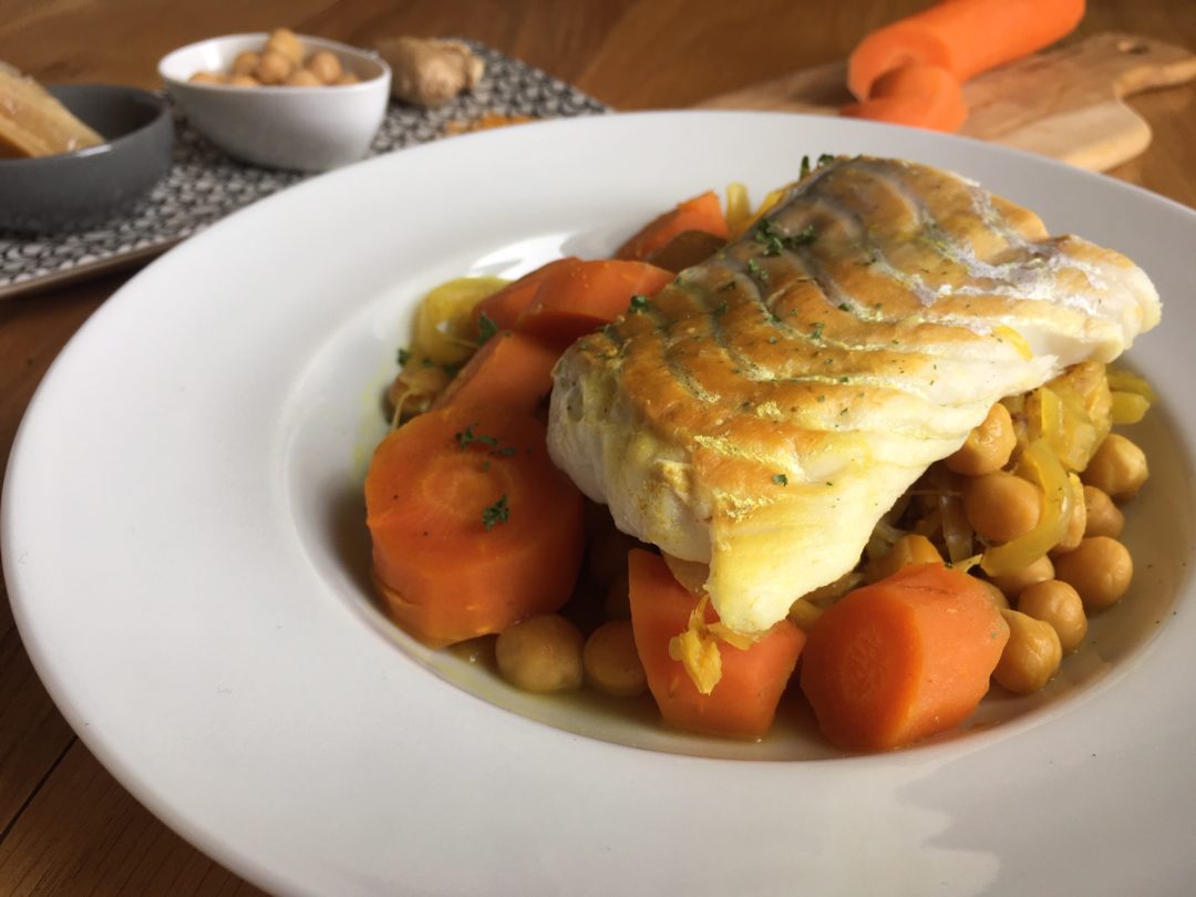 Tajine de poisson au citron confit et pois chiches